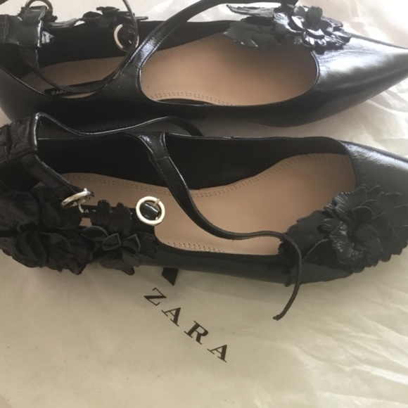 New Zara Basics Black  leather with  leather 🌸 pointy flats - Picture 2 of 7